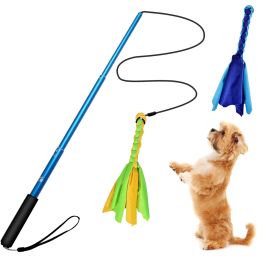 Extendable Dog Flirt Pole with Lure 10.23-26.77in Teaser Wand with 2 Replaceable Interactive Tail Toys (blue best: Blue)